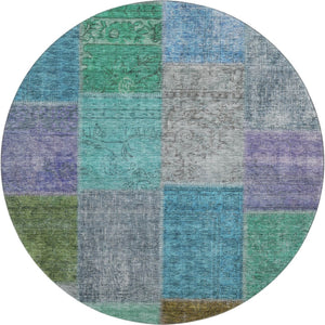HomeRoots 8' Vibrant Green, Blue & Purple Patchwork Washable Round Rug with UV Protection for Busy Homes 655171