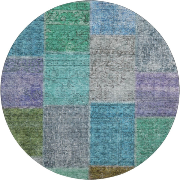 HomeRoots 8' Vibrant Green, Blue & Purple Patchwork Washable Round Rug with UV Protection for Busy Homes 655171