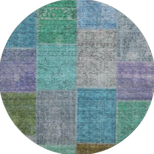 HomeRoots 8' Vibrant Green, Blue & Purple Patchwork Washable Round Rug with UV Protection for Busy Homes 655171
