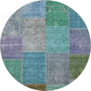 HomeRoots 8' Vibrant Green, Blue & Purple Patchwork Washable Round Rug with UV Protection for Busy Homes 655171