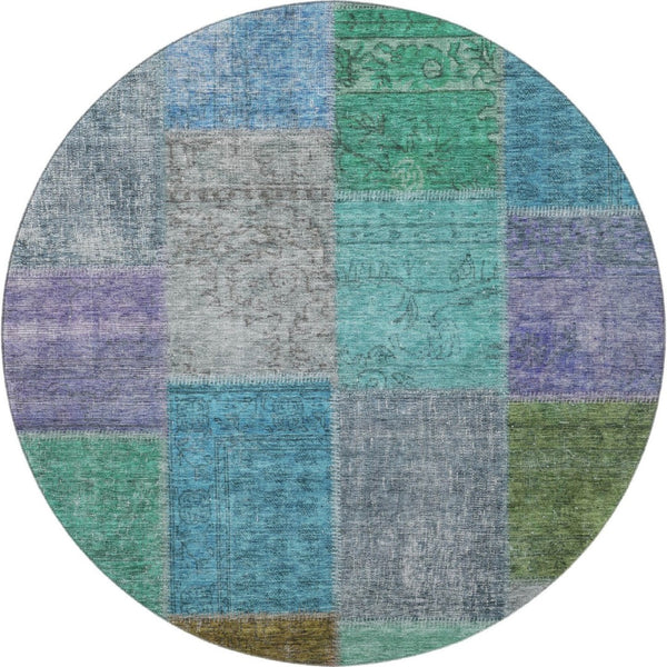 HomeRoots 8' Vibrant Green, Blue & Purple Patchwork Washable Round Rug with UV Protection for Busy Homes 655171