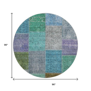 HomeRoots 8' Vibrant Green, Blue & Purple Patchwork Washable Round Rug with UV Protection for Busy Homes 655171