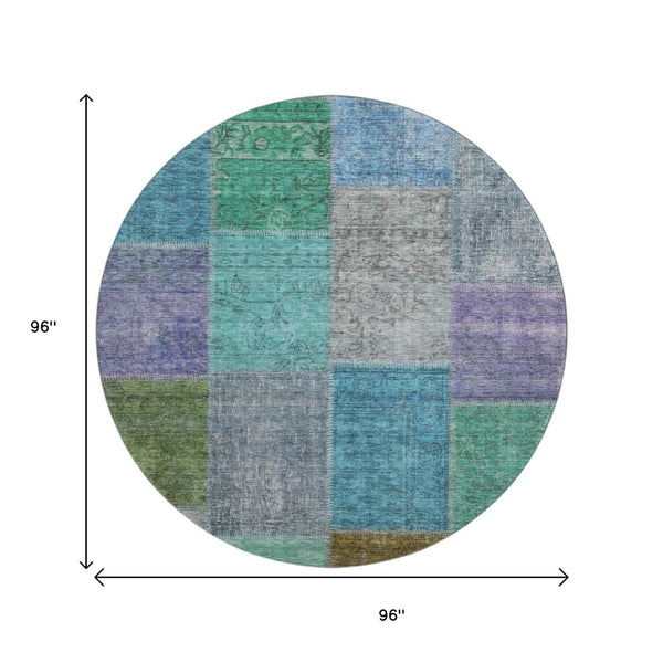 HomeRoots 8' Vibrant Green, Blue & Purple Patchwork Washable Round Rug with UV Protection for Busy Homes 655171