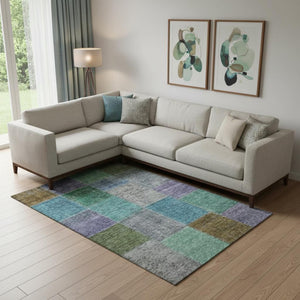 HomeRoots 9' X 12' Washable Area Rug in Vibrant Green, Blue & Purple Patchwork Design with UV Protection 655173