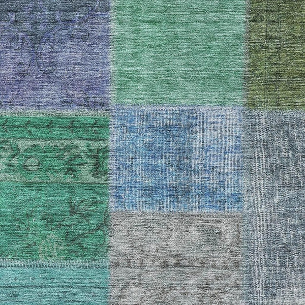 HomeRoots 9' X 12' Washable Area Rug in Vibrant Green, Blue & Purple Patchwork Design with UV Protection 655173