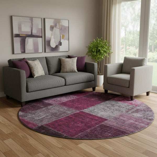 HomeRoots 8' Merlot Gray & Burgundy Patchwork Washable Round Rug - Durable, UV-Protected for Homes with Kids! 655177