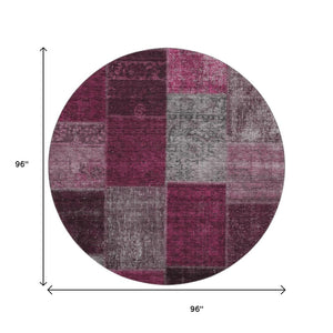 HomeRoots 8' Merlot Gray & Burgundy Patchwork Washable Round Rug - Durable, UV-Protected for Homes with Kids! 655177