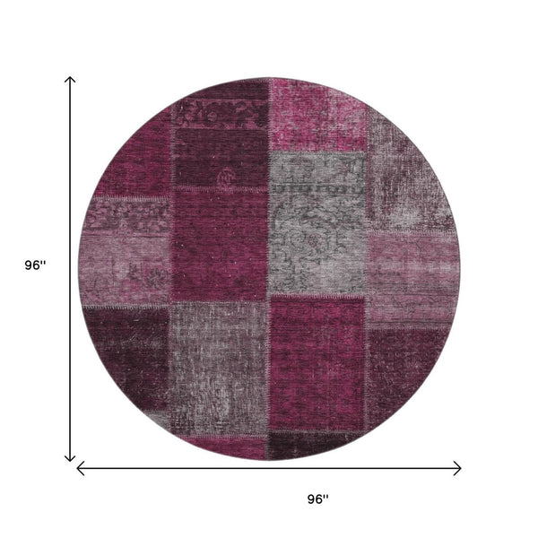 HomeRoots 8' Merlot Gray & Burgundy Patchwork Washable Round Rug - Durable, UV-Protected for Homes with Kids! 655177