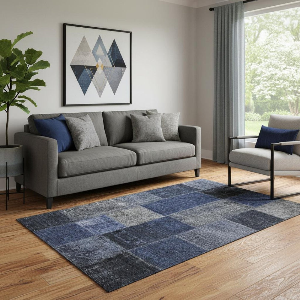 HomeRoots 5' X 8' Navy Blue & Gray Patchwork Area Rug - Washable, Stain-Resistant, UV-Protected for Homes 655188