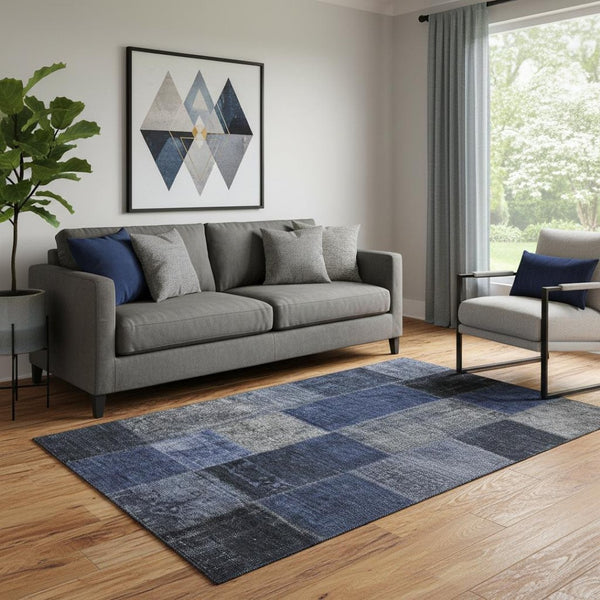 HomeRoots 5' X 8' Navy Blue & Gray Patchwork Area Rug - Washable, Stain-Resistant, UV-Protected for Homes 655188