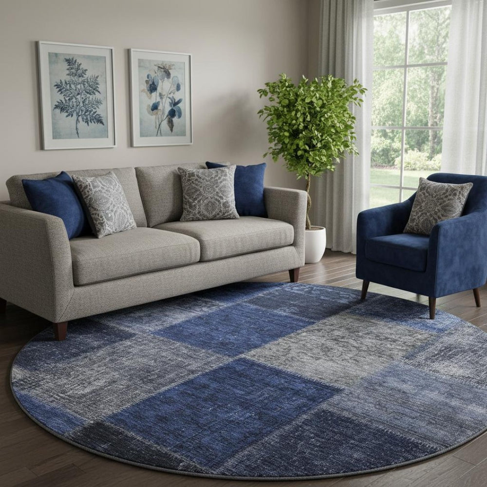 HomeRoots 8' Navy Blue and Gray Washable Round Rug - Stylish Patchwork Design with UV Protection and Soft Texture 655189