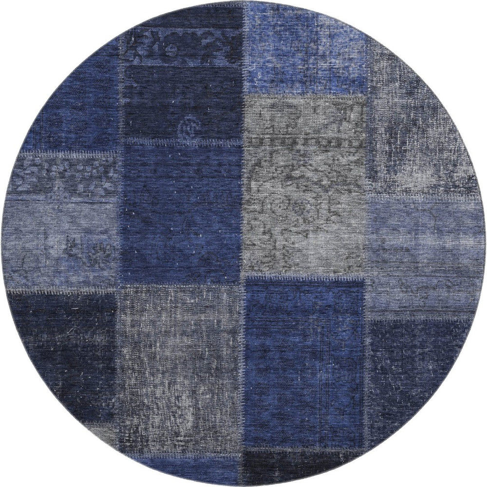 HomeRoots 8' Navy Blue and Gray Washable Round Rug - Stylish Patchwork Design with UV Protection and Soft Texture 655189