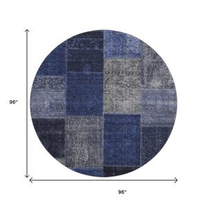 HomeRoots 8' Navy Blue and Gray Washable Round Rug - Stylish Patchwork Design with UV Protection and Soft Texture 655189