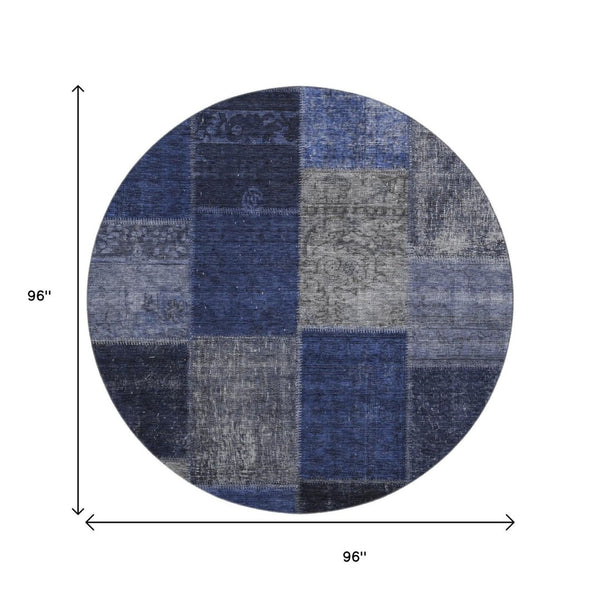 HomeRoots 8' Navy Blue and Gray Washable Round Rug - Stylish Patchwork Design with UV Protection and Soft Texture 655189