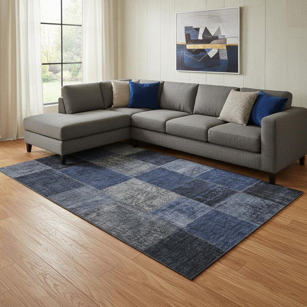 HomeRoots 8' X 10' Navy Blue & Gray Patchwork Area Rug - Washable, UV Protected, Durable & Stain Resistant Design 655190