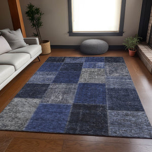 HomeRoots 9' X 12' Navy Blue & Gray Patchwork Area Rug – Durable, Washable, UV-Protected for Busy Homes 655191