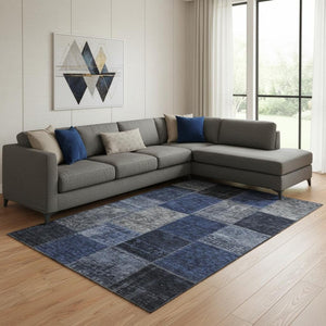 HomeRoots 9' X 12' Navy Blue & Gray Patchwork Area Rug – Durable, Washable, UV-Protected for Busy Homes 655191