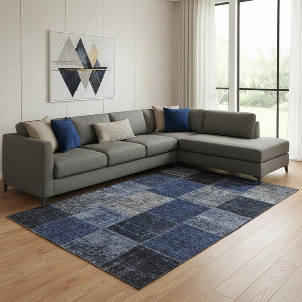 HomeRoots 9' X 12' Navy Blue & Gray Patchwork Area Rug – Durable, Washable, UV-Protected for Busy Homes 655191