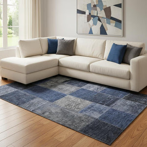 HomeRoots 10' X 14' Navy Blue & Gray Patchwork Area Rug - Washable, UV Protected, Stylish & Stain Resistant! 655192