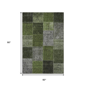 HomeRoots 5' X 8' Olive Green and Gray Patchwork Rug - Washable, UV-Protected, Stylish for Homes with Kids & Pets 655194