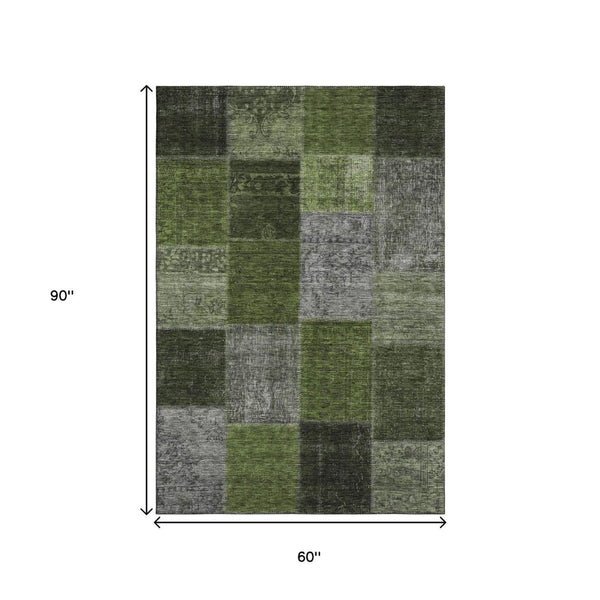 HomeRoots 5' X 8' Olive Green and Gray Patchwork Rug - Washable, UV-Protected, Stylish for Homes with Kids & Pets 655194