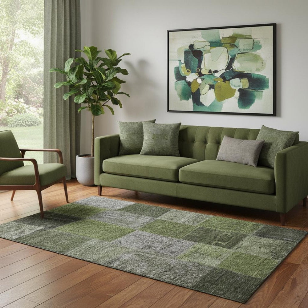 HomeRoots 5' X 8' Olive Green and Gray Patchwork Rug - Washable, UV-Protected, Stylish for Homes with Kids & Pets 655194
