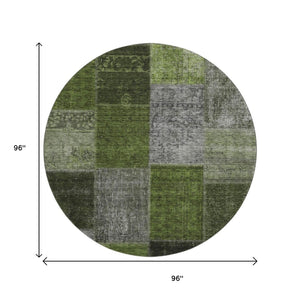 HomeRoots 8' Olive Green & Gray Patchwork Round Rug - Washable, UV Protected, Stain Resistant for Busy Homes 655195