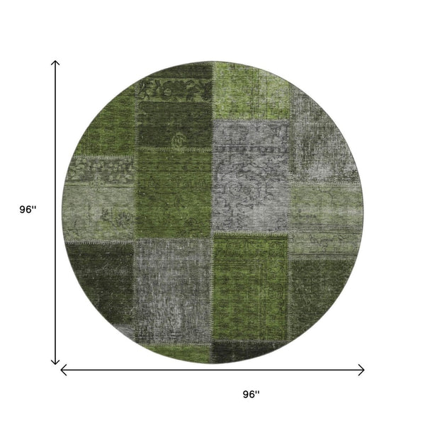 HomeRoots 8' Olive Green & Gray Patchwork Round Rug - Washable, UV Protected, Stain Resistant for Busy Homes 655195