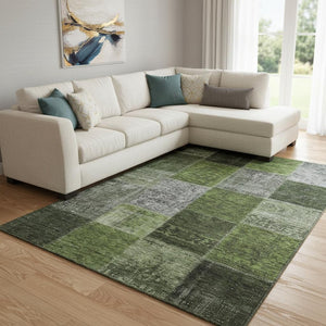 HomeRoots 9' X 12' Olive Green & Gray Patchwork Area Rug - Stylish, Washable, UV-Protected for Busy Homes 655197