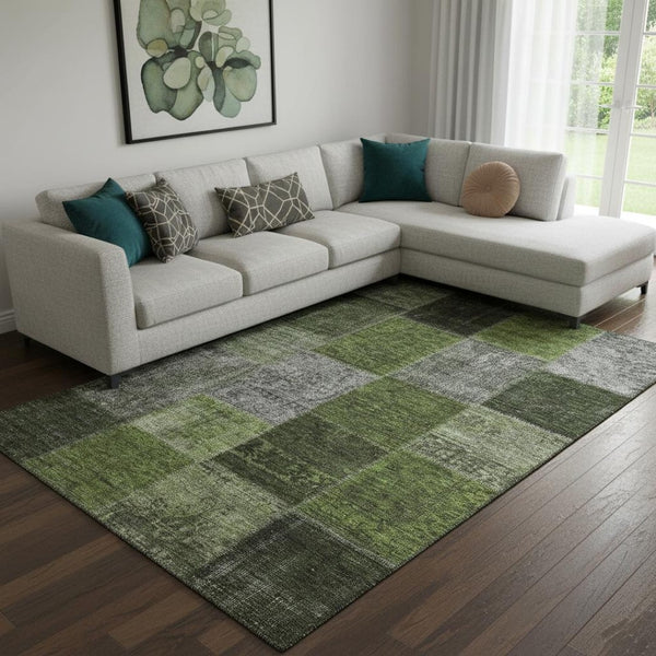 HomeRoots 10' Stylish Olive Green and Gray Patchwork Area Rug – Washable, UV-Resistant, Perfect for High-Traffic Spaces 655198