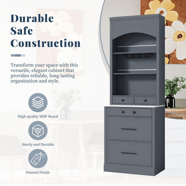 English Elm Topmax Freestanding Tall Pantry Cabinet Faux Marble Top 5 Drawers Modern Kitchen Hutch Gray N717S000075E