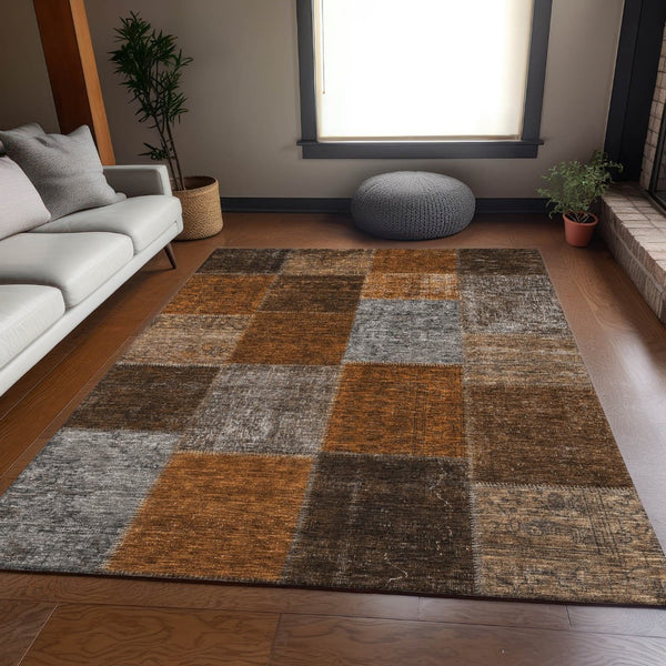 HomeRoots 5' X 8' Stylish Rust Brown and Gray Patchwork Area Rug with Stain Resistance and UV Protection 655200