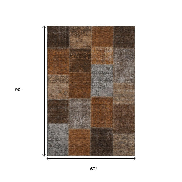 HomeRoots 5' X 8' Stylish Rust Brown and Gray Patchwork Area Rug with Stain Resistance and UV Protection 655200
