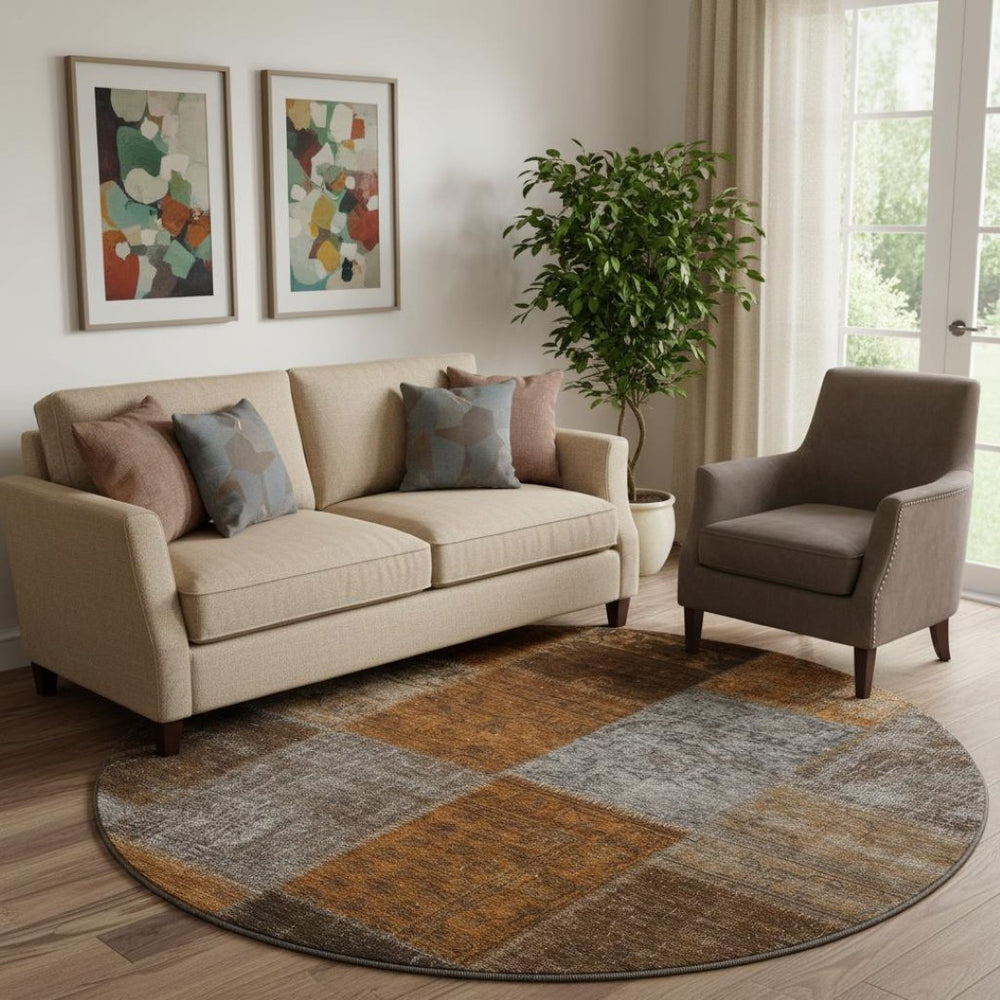 HomeRoots 8' Washable Round Rug in Rust Brown & Gray Patchwork Design - Durable, UV-Protected, Easy-Care! 655201