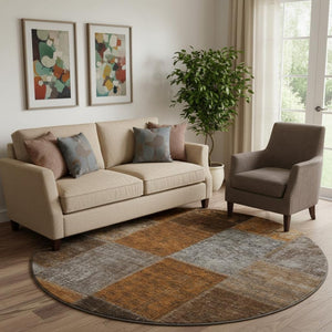 HomeRoots 8' Washable Round Rug in Rust Brown & Gray Patchwork Design - Durable, UV-Protected, Easy-Care! 655201