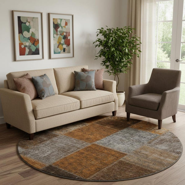 HomeRoots 8' Washable Round Rug in Rust Brown & Gray Patchwork Design - Durable, UV-Protected, Easy-Care! 655201