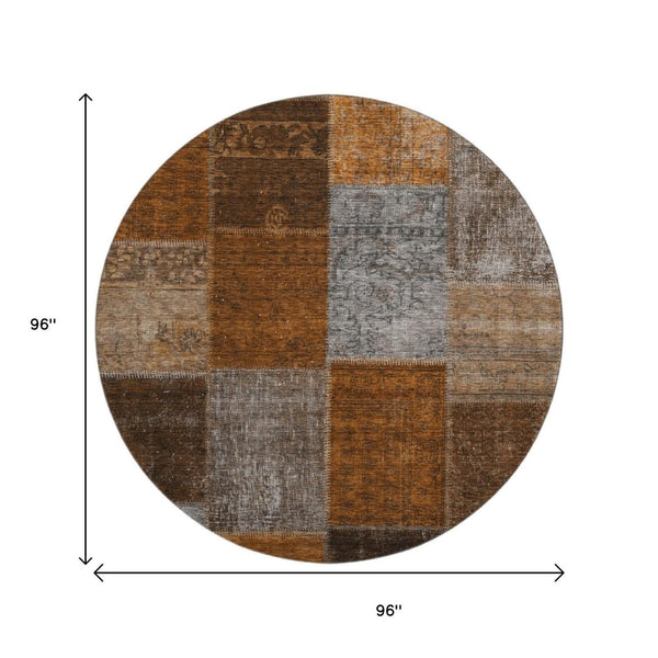 HomeRoots 8' Washable Round Rug in Rust Brown & Gray Patchwork Design - Durable, UV-Protected, Easy-Care! 655201