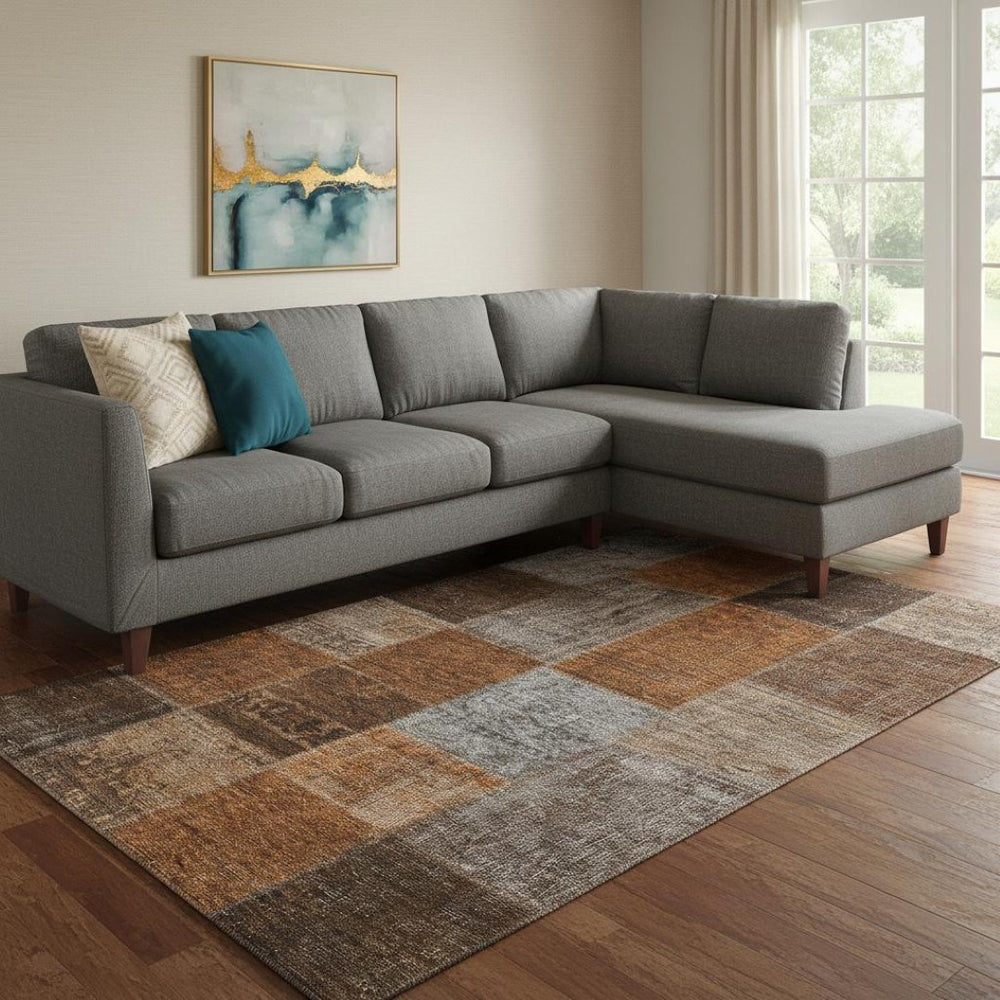 HomeRoots 9' X 12' Rust Brown & Gray Patchwork Area Rug - Washable, UV Protected, Stain Resistant for Homes 655203
