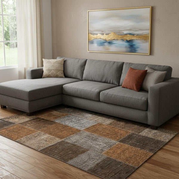 HomeRoots 10' X 14' Rust Brown & Gray Patchwork Area Rug - Stain Resistant, UV Protected, Easy Care & Stylish 655204