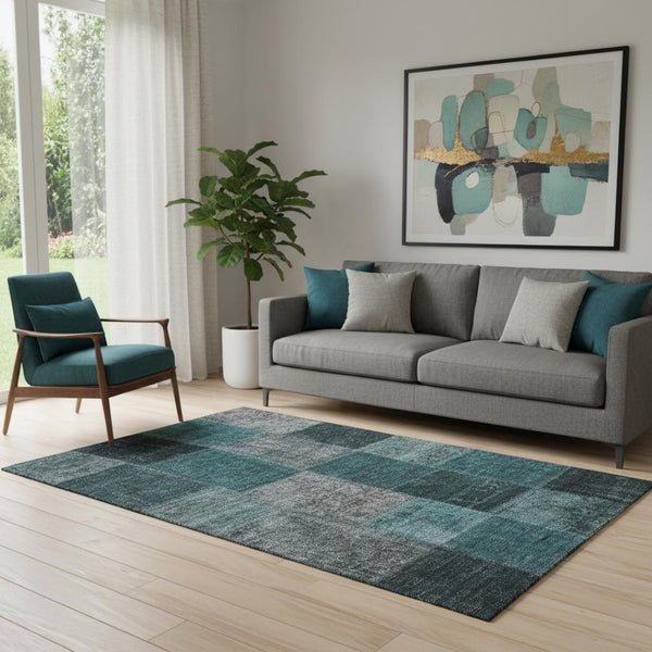 HomeRoots 5' X 8' Teal And Gray Washable Patchwork Area Rug - UV Protected, Stain-Resistant, Soft & Stylish! 655206