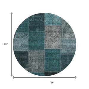 HomeRoots 8' Teal and Gray Patchwork Round Rug – Washable, UV Protected, Stain Resistant for Stylish Living Spaces 655207