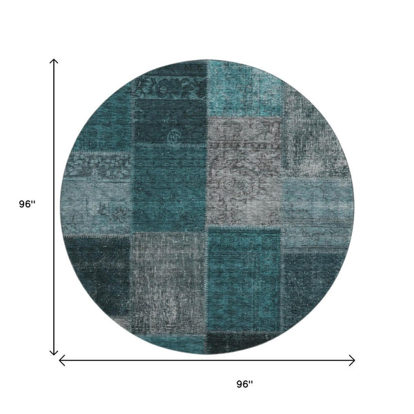 HomeRoots 8' Teal and Gray Patchwork Round Rug – Washable, UV Protected, Stain Resistant for Stylish Living Spaces 655207