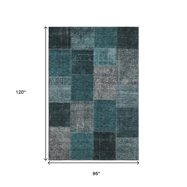 HomeRoots 8' X 10' Teal and Gray Patchwork Area Rug - Washable, Stain Resistant, UV Protected for High Traffic Areas 655208