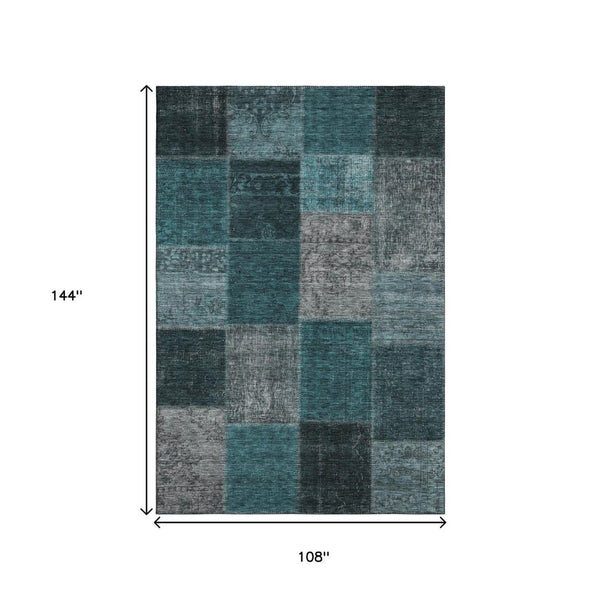 HomeRoots 9' X 12' Teal and Gray Patchwork Area Rug - Durable, Washable, UV-Protected for High-Traffic Spaces 655209