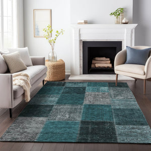 HomeRoots 9' X 12' Teal and Gray Patchwork Area Rug - Durable, Washable, UV-Protected for High-Traffic Spaces 655209