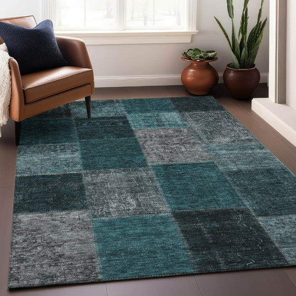 HomeRoots 9' X 12' Teal and Gray Patchwork Area Rug - Durable, Washable, UV-Protected for High-Traffic Spaces 655209