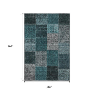 HomeRoots 10' X 14' Stylish Teal & Gray Patchwork Area Rug - Washable, UV Protected, Pet & Kid Friendly Design 655210