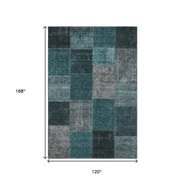 HomeRoots 10' X 14' Stylish Teal & Gray Patchwork Area Rug - Washable, UV Protected, Pet & Kid Friendly Design 655210