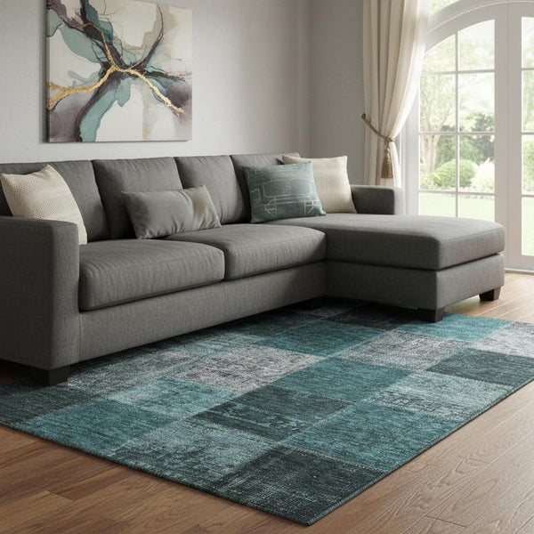 HomeRoots 10' X 14' Stylish Teal & Gray Patchwork Area Rug - Washable, UV Protected, Pet & Kid Friendly Design 655210