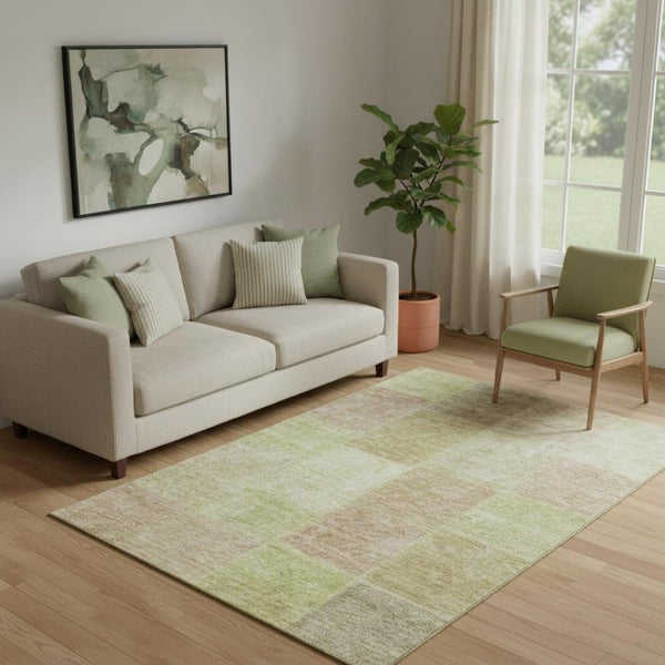 HomeRoots 5' Artichoke Green & Khaki Patchwork Area Rug - Washable, UV Protected, Durable for Busy Homes 655212